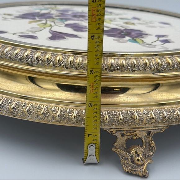 Vintage Brass Plated Footed Trivet Cherub Angel Feet Floral Tile Hot Plate - Picture 13 of 13